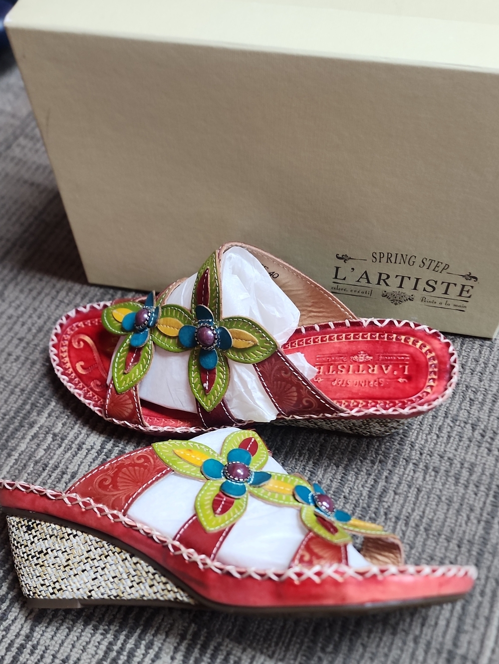 L'Artiste Red Floral Leather Wedge Sandals